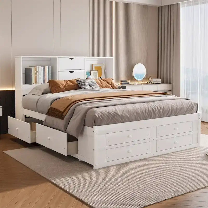 King Size Platform Bed with Storage Headboard and 8 Drawers