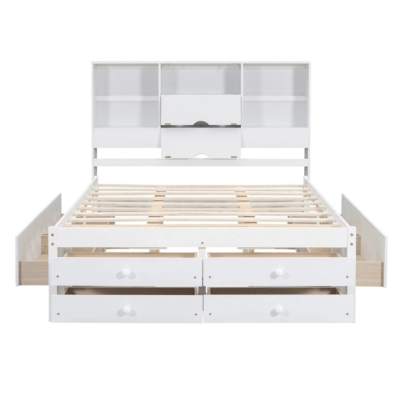Lit plateforme King Size avec tête de lit de rangement et 8 tiroirs