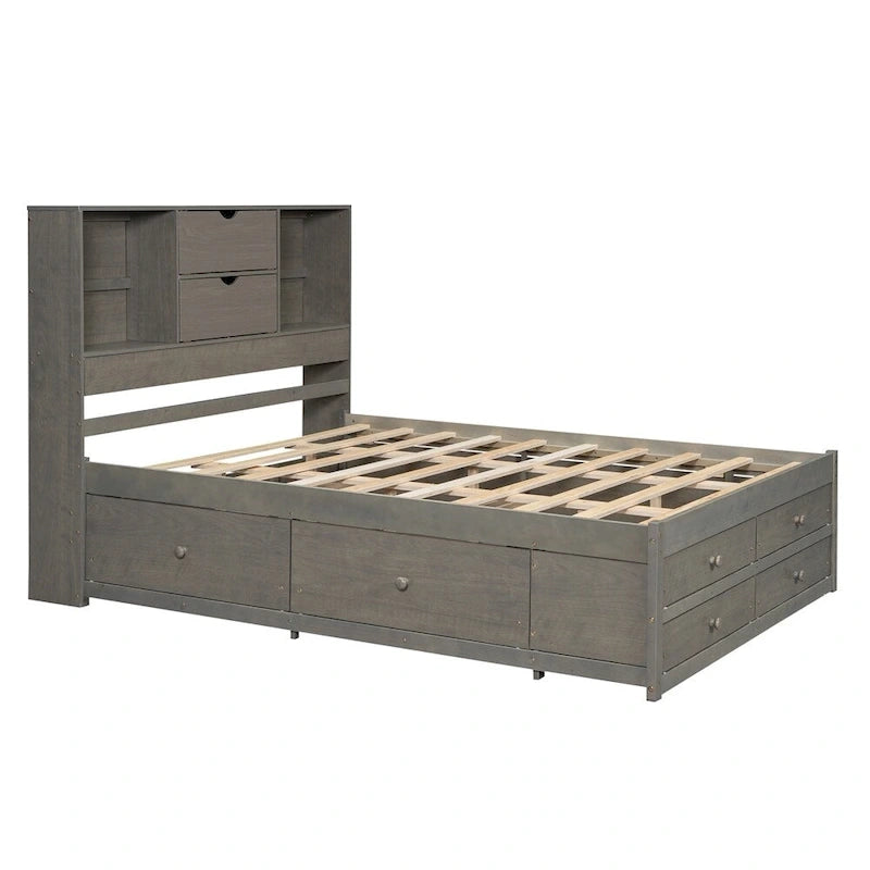 Lit plateforme King Size avec tête de lit de rangement et 8 tiroirs
