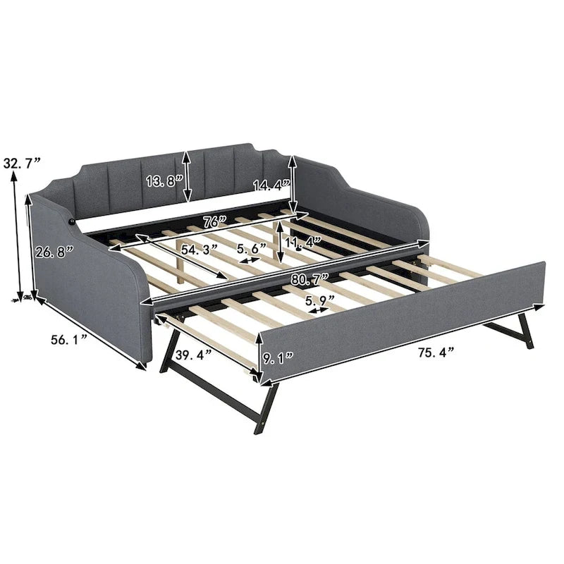 Full Size Upholstery Daybed with Trundle and USB Charging Design,Trundle can be flat or erected