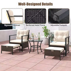 Costway 5 PCS Outdoor Furniture Set Rattan Chairs & Ottomans with Glass Topped Coffee Table Off White/Black/Navy/Gray