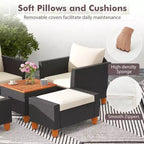 Ensemble de mobilier de patio Costway 5 pièces avec table de rangement, poufs, oreillers et coussins moelleux
