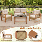 Ensemble de mobilier de patio Costway 4 pièces avec cadre en bois d'acacia, coussins et table basse
