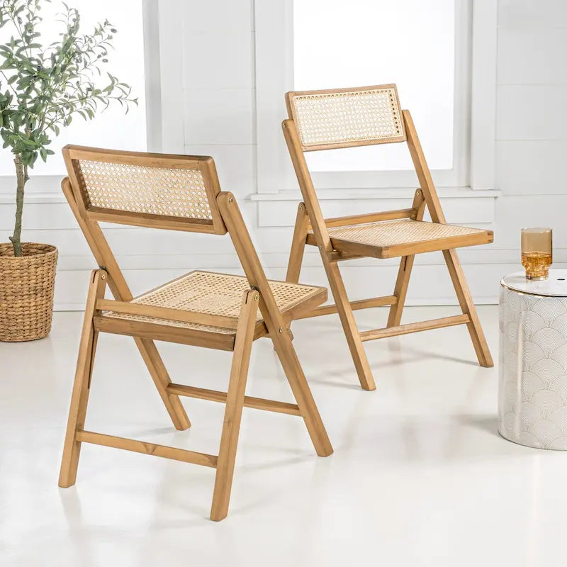Olivier Mid-Century Vintage Wood Rattan Folding Chair with Adjustable Back, (Set of 2) by JONATHAN Y
