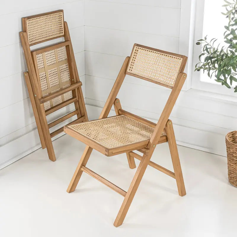 Olivier Mid-Century Vintage Wood Rattan Folding Chair with Adjustable Back, (Set of 2) by JONATHAN Y