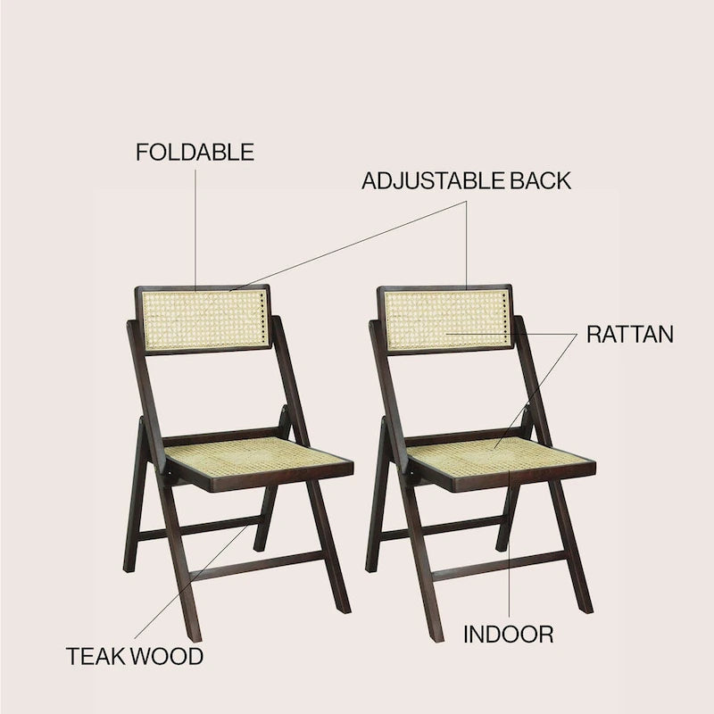 Olivier Mid-Century Vintage Wood Rattan Folding Chair with Adjustable Back, (Set of 2) by JONATHAN Y
