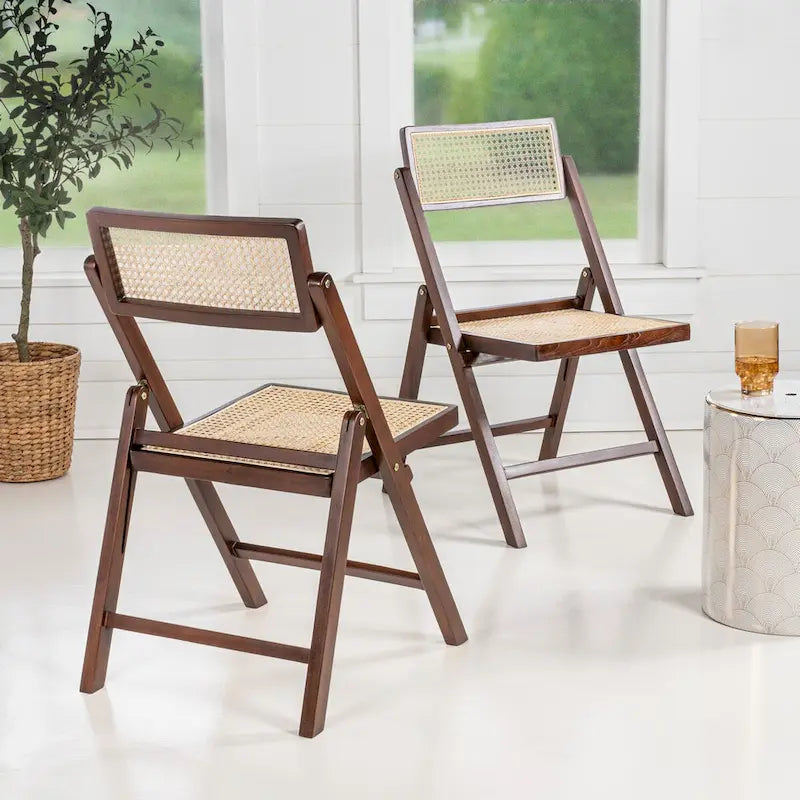 Olivier Mid-Century Vintage Wood Rattan Folding Chair with Adjustable Back, (Set of 2) by JONATHAN Y