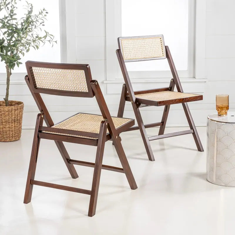 Olivier Mid-Century Vintage Wood Rattan Folding Chair with Adjustable Back, (Set of 2) by JONATHAN Y