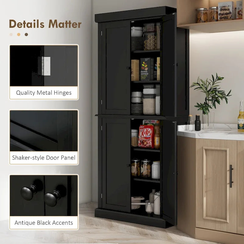 72.5 Kitchen Pantry Storage Cabinet, Freestanding Kitchen Cupboard with 4 Doors and Adjustable Shelves for Dining Room, MDF