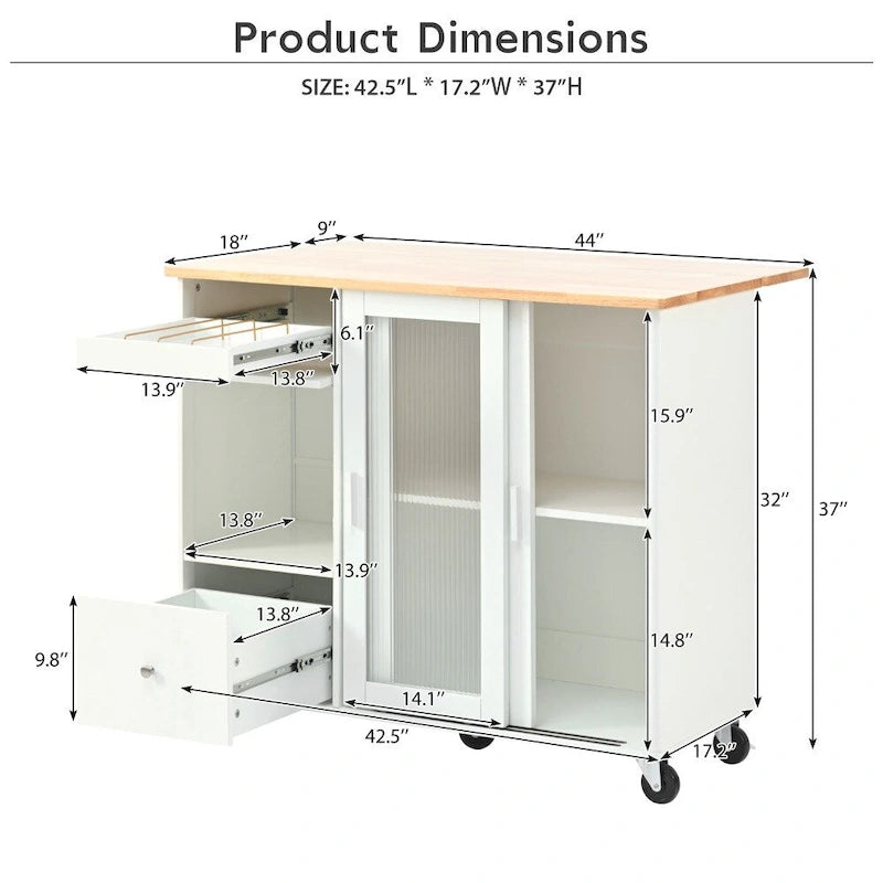 LED Wood 44.03 in. Kitchen Island with Flip Doors Sliding Glass Doors