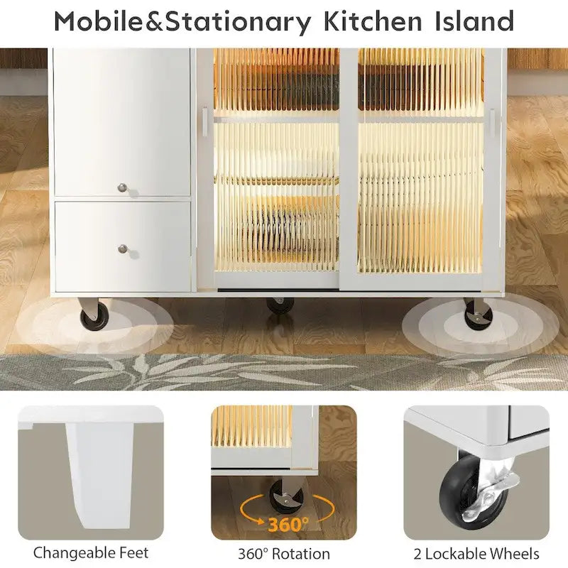 LED Wood 44.03 in. Kitchen Island with Flip Doors Sliding Glass Doors