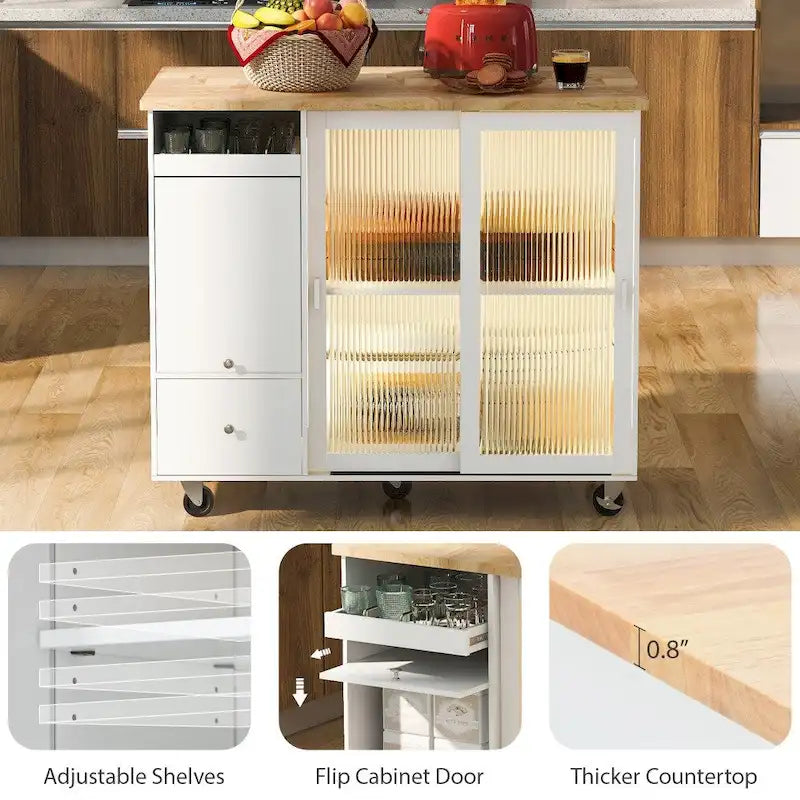 LED Wood 44.03 in. Kitchen Island with Flip Doors Sliding Glass Doors
