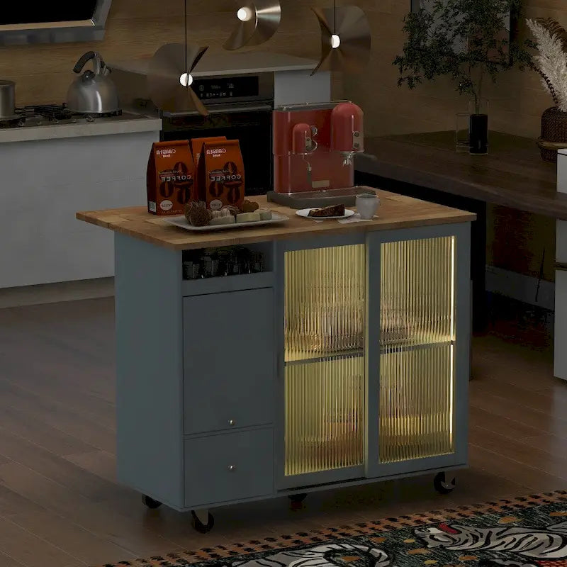 LED Wood 44.03 in. Kitchen Island with Flip Doors Sliding Glass Doors