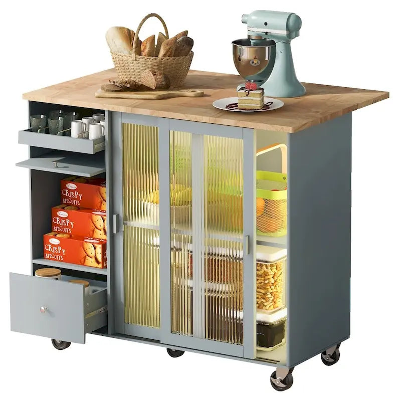 LED Wood 44.03 in. Kitchen Island with Flip Doors Sliding Glass Doors