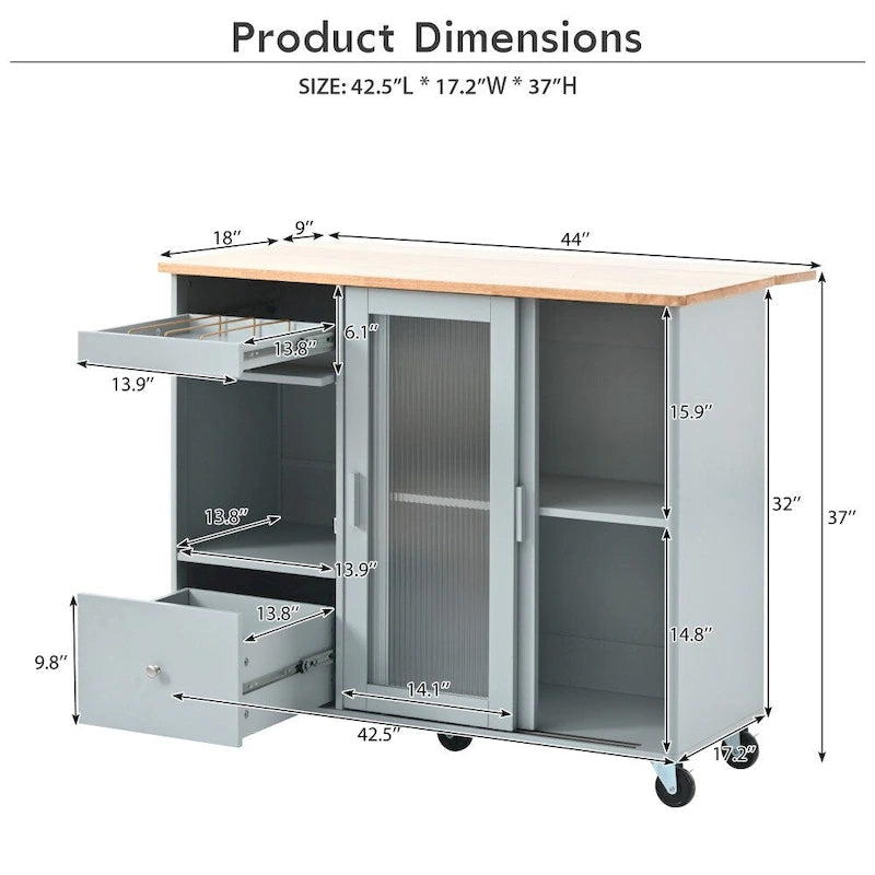 LED Wood 44.03 in. Kitchen Island with Flip Doors Sliding Glass Doors