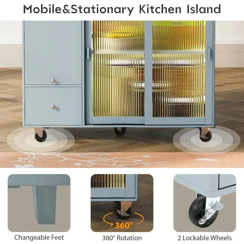 LED Wood 44.03 in. Kitchen Island with Flip Doors Sliding Glass Doors