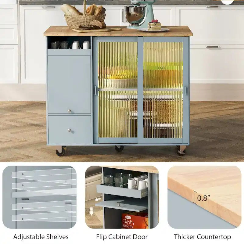 LED Wood 44.03 in. Kitchen Island with Flip Doors Sliding Glass Doors