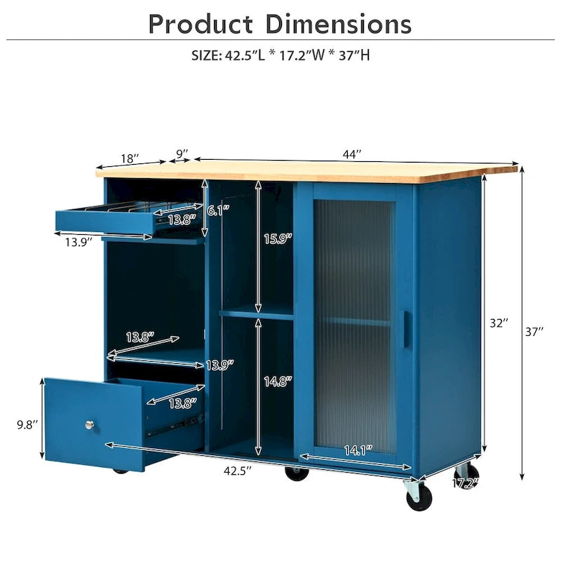 LED Wood 44.03 in. Kitchen Island with Flip Doors Sliding Glass Doors