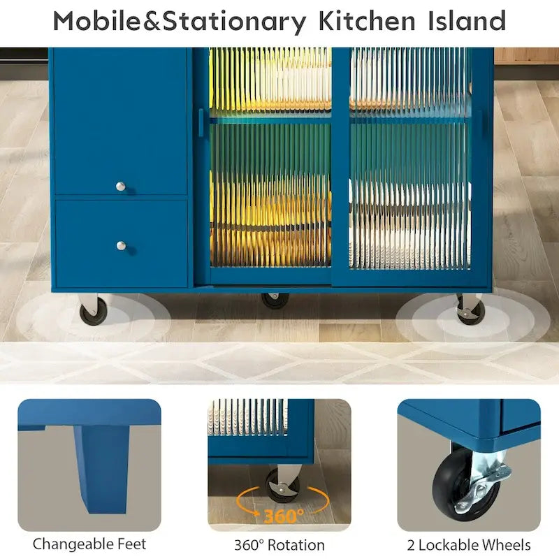 LED Wood 44.03 in. Kitchen Island with Flip Doors Sliding Glass Doors