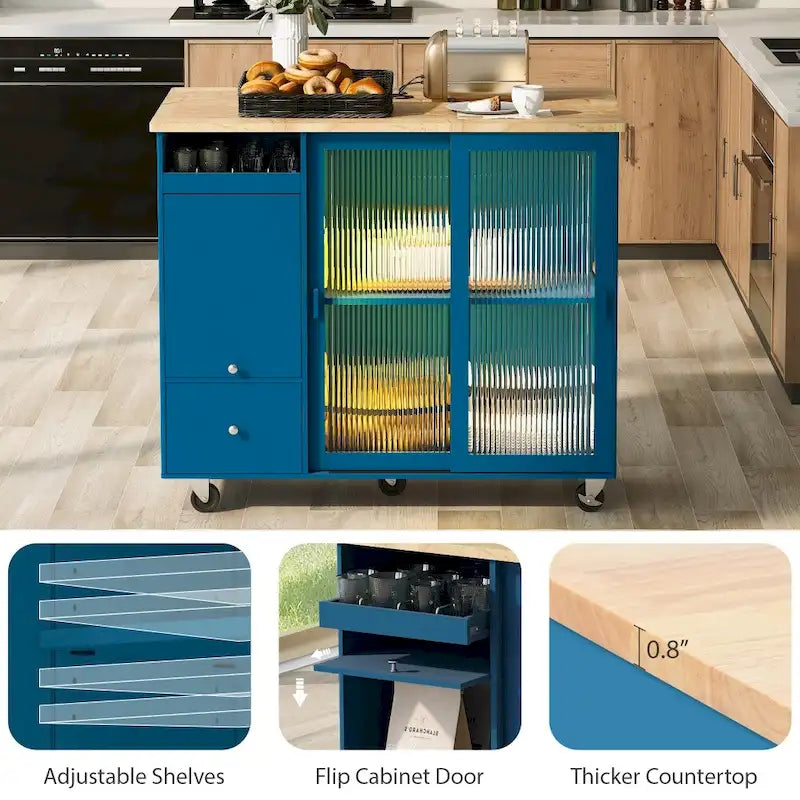 LED Wood 44.03 in. Kitchen Island with Flip Doors Sliding Glass Doors