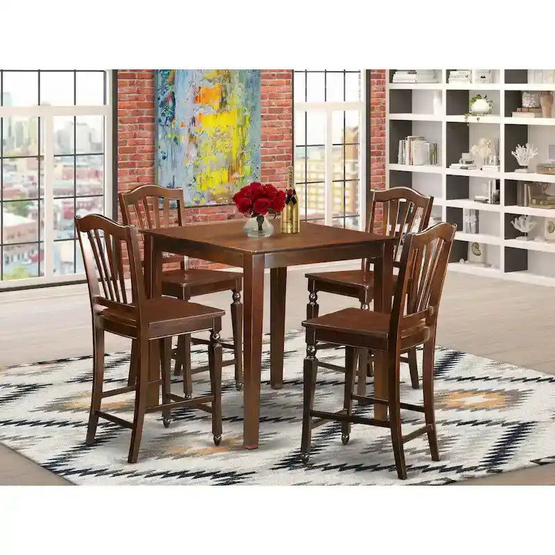 East West Furniture Ensemble 5 pièces hauteur comptoir - une table carrée et 4 chaises, Acajou (Option de type de siège)