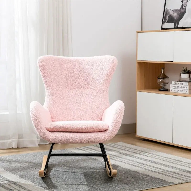 Fauteuil à bascule en tissu rembourré avec dossier haut et accoudoirs