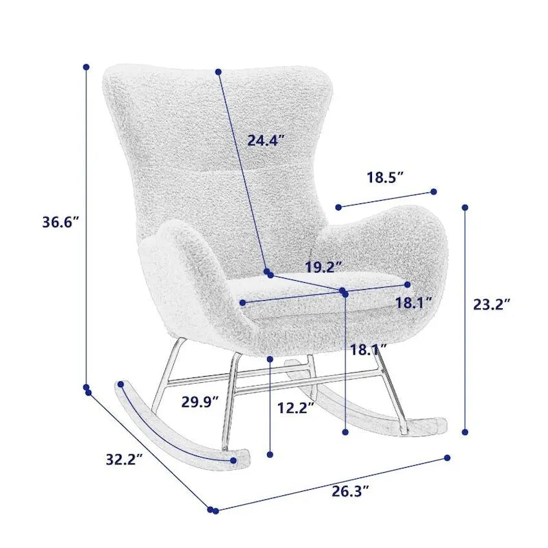 Fauteuil à bascule en tissu rembourré avec dossier haut et accoudoirs