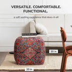 Jani Tofino Red 20-inch Multicolor Square Pouf Ottoman - Handmade Footrest for Living Room, Nursery