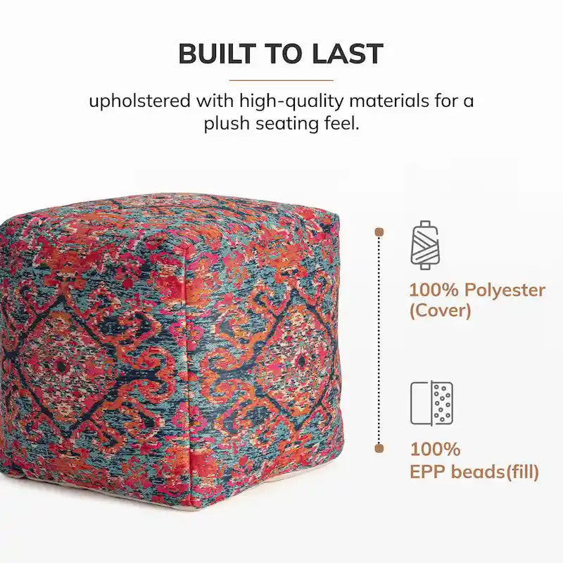 Jani Tofino Red 20-inch Multicolor Square Pouf Ottoman - Handmade Footrest for Living Room, Nursery