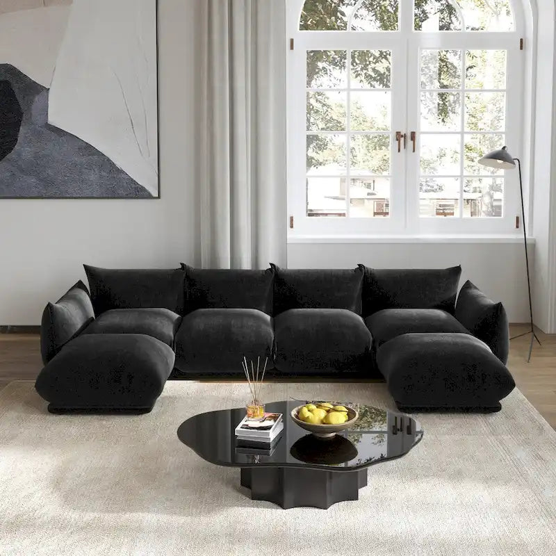 Canapé d'angle en U 130, Sectionnel modulaire minimaliste en chenille 6 places avec ottoman de méridienne réversible
