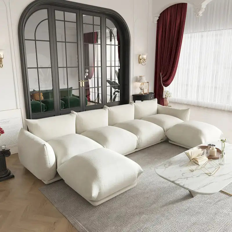 130 U-Shaped Sectional Sofa, Minimalist Chenille Modular 6-Seat Couch Sectionals with Reversible Chaise Ottoman