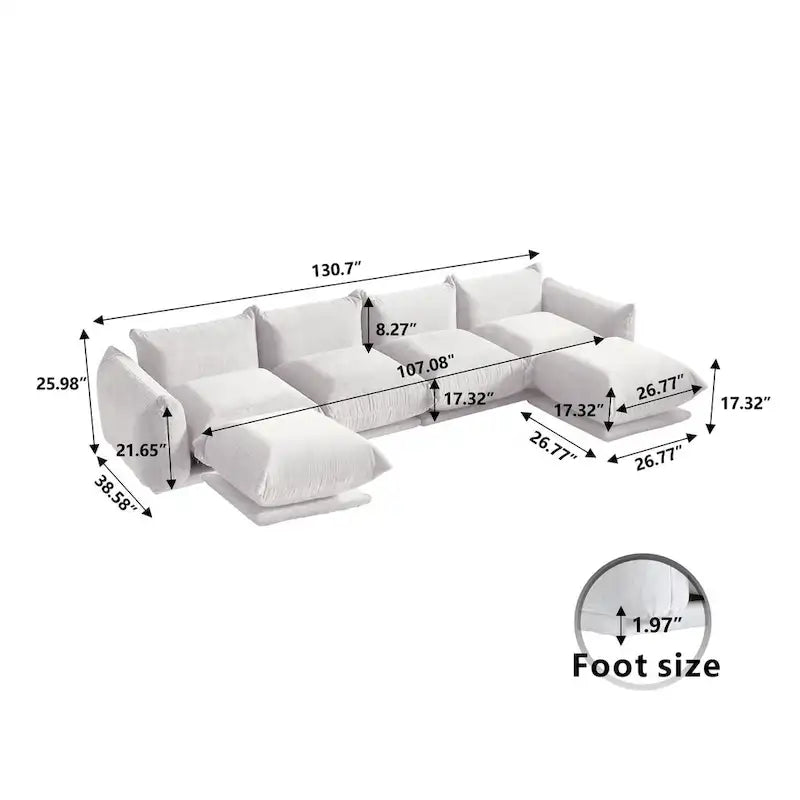 Canapé d'angle en U 130, Sectionnel modulaire minimaliste en chenille 6 places avec ottoman de méridienne réversible