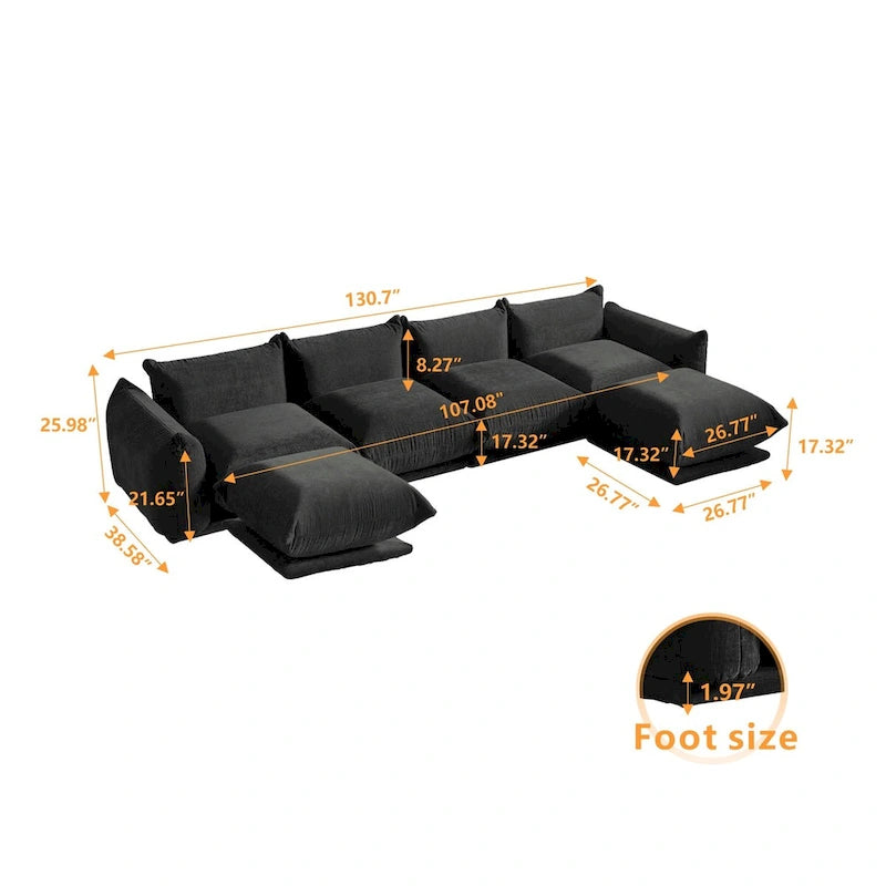 Canapé d'angle en U 130, Sectionnel modulaire minimaliste en chenille 6 places avec ottoman de méridienne réversible