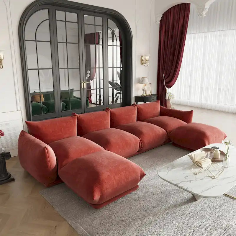 Canapé d'angle en U 130, Sectionnel modulaire minimaliste en chenille 6 places avec ottoman de méridienne réversible