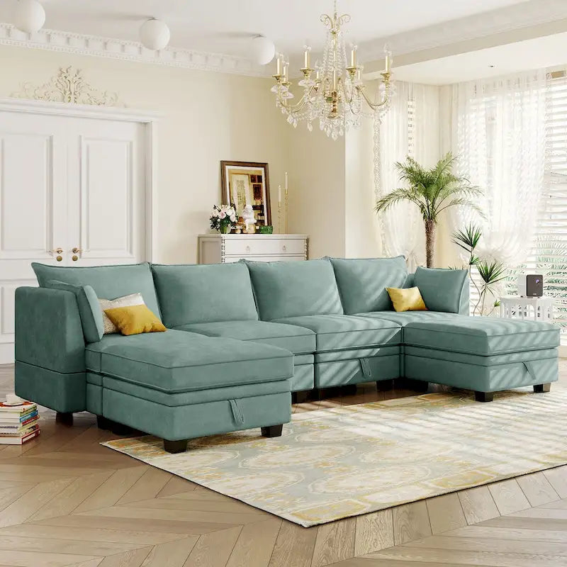 Canapé d'angle modulable moderne en U, convertible avec méridienne réversible pour salon, siège de rangement, 6 pièces