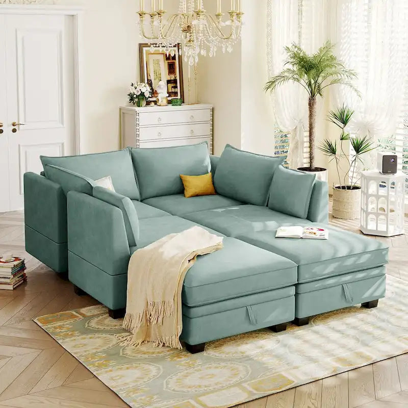Canapé d'angle modulable moderne en U, convertible avec méridienne réversible pour salon, siège de rangement, 6 pièces