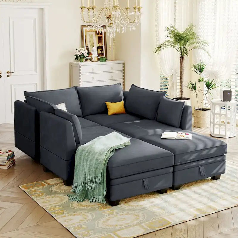 Canapé d'angle modulable moderne en U, convertible avec méridienne réversible pour salon, siège de rangement, 6 pièces