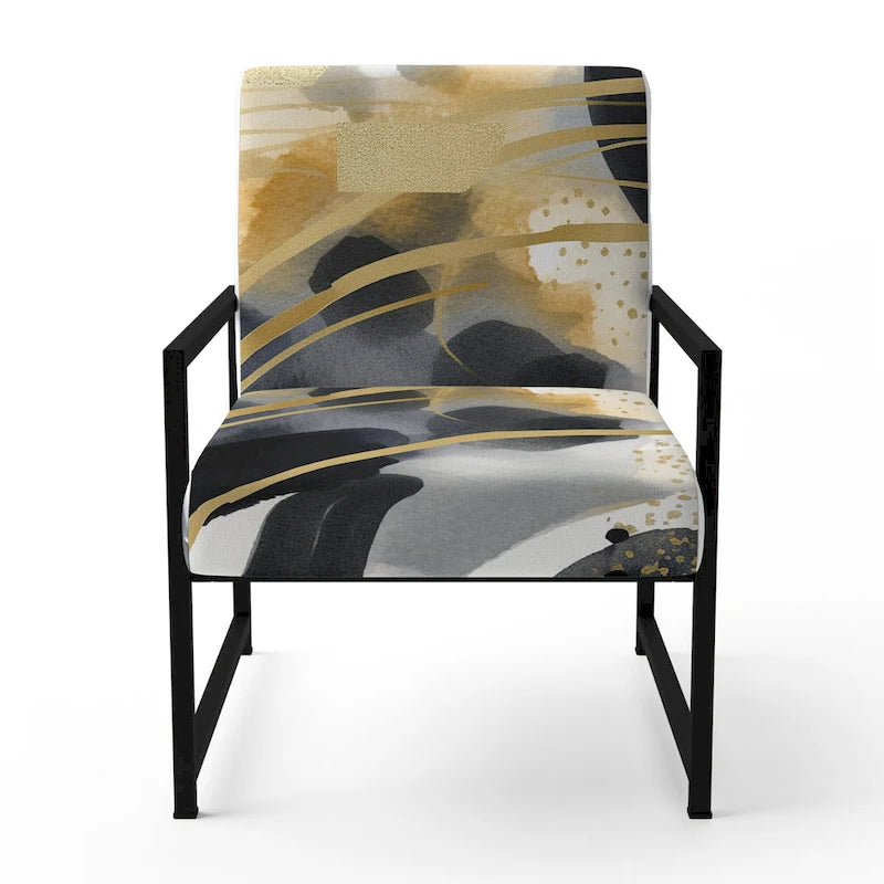Designart Pastel Abstract With Blue Black & Gold Spots III Upholstered Fractals Accent Chair and Modern Arm Chair