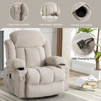 Fauteuil inclinable manuel massant et chauffant en velours capitonné avec base pivotante à 360°
