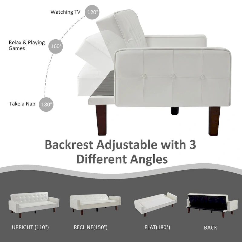 74.4 L Faux Leather Full Handcrafted Button Tufted Sofa 3-Seat, Convertible Sleeper Couch Adjustable Backrest