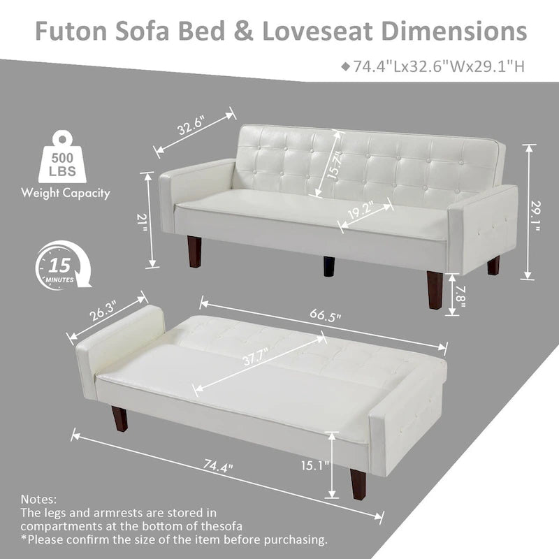 74.4 L Faux Leather Full Handcrafted Button Tufted Sofa 3-Seat, Convertible Sleeper Couch Adjustable Backrest