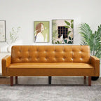 74.4 L Faux Leather Full Handcrafted Button Tufted Sofa 3-Seat, Convertible Sleeper Couch Adjustable Backrest