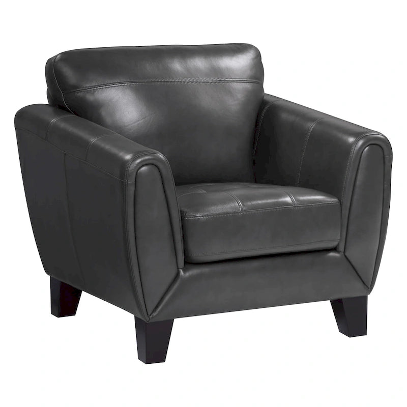 Sofy 37 Inch Accent Chair, Dark Gray Top Grain and Faux Leather, Solid Wood