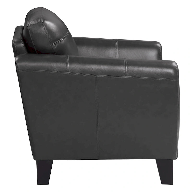 Sofy 37 Inch Accent Chair, Dark Gray Top Grain and Faux Leather, Solid Wood
