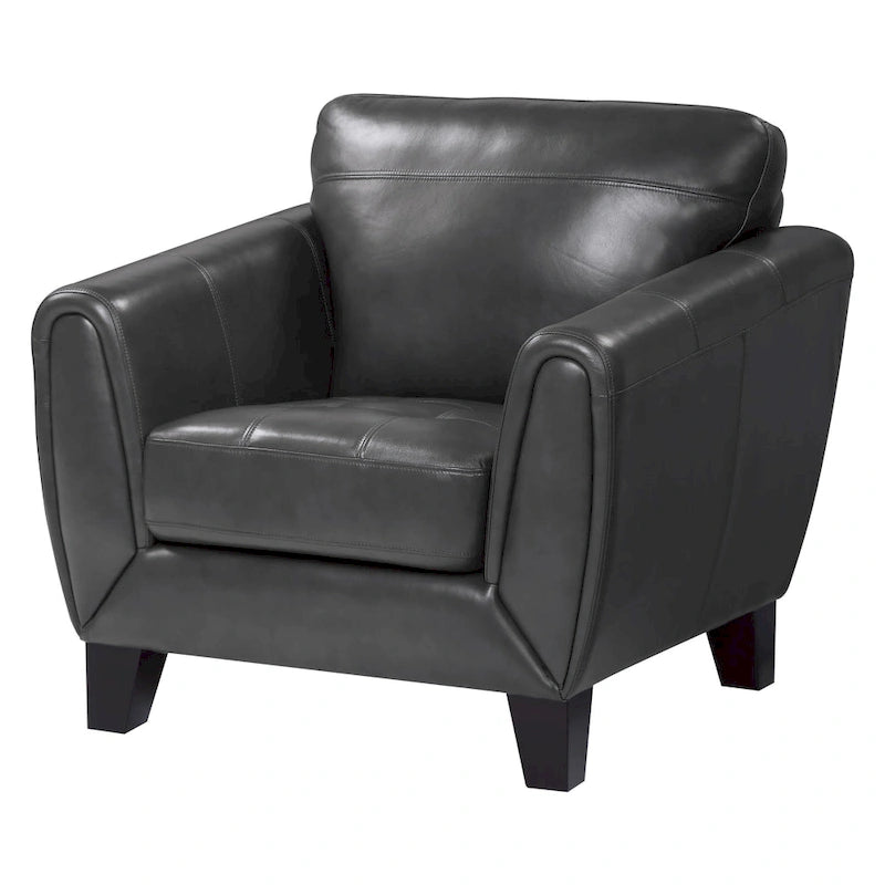 Sofy 37 Inch Accent Chair, Dark Gray Top Grain and Faux Leather, Solid Wood