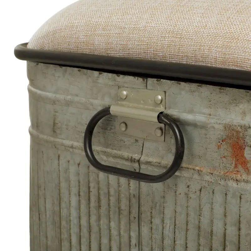 Metal Galvanized Storage Bench with Cream Burlap Top and Black Latches - Gray - Roche River Decor