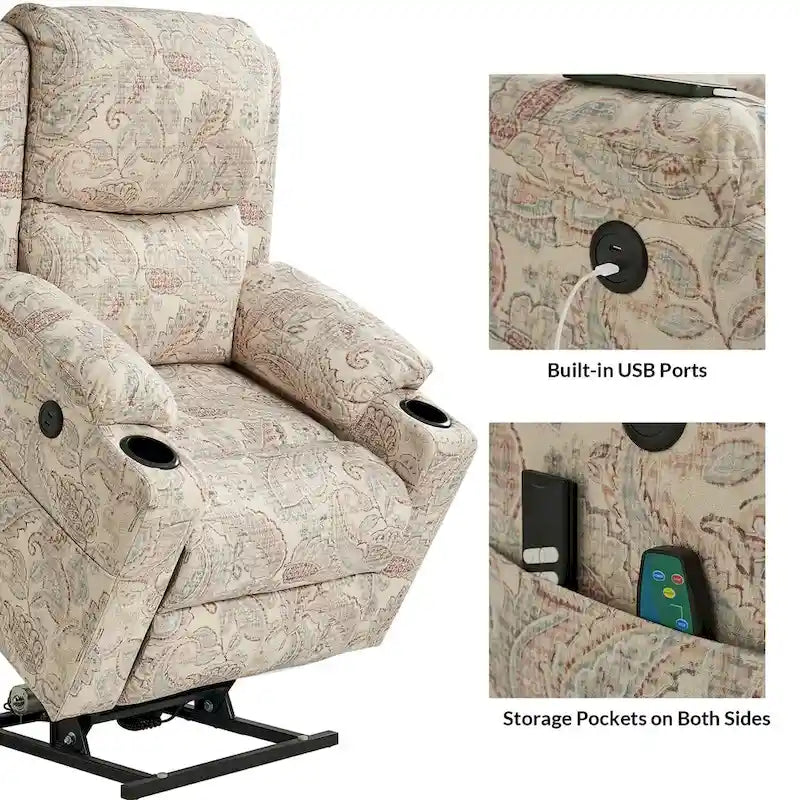 Larry Traditional Floral Dual Motor Heated Lift Assist Power Recliner with Massage Set of 2 by HULALA HOME