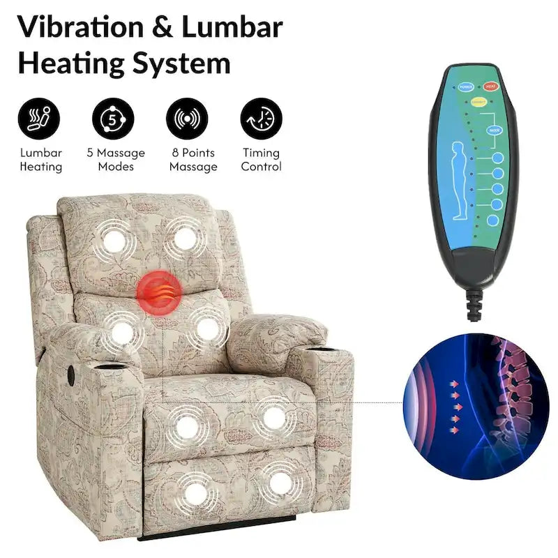 Larry Traditional Floral Dual Motor Heated Lift Assist Power Recliner with Massage Set of 2 by HULALA HOME