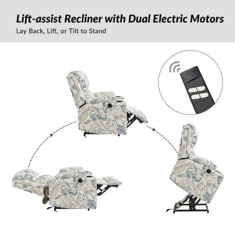 Larry Traditional Floral Dual Motor Heated Lift Assist Power Recliner with Massage Set of 2 by HULALA HOME