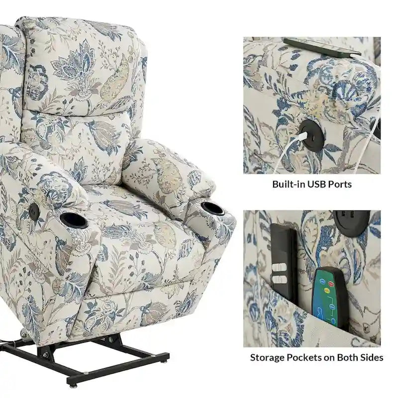 Larry Traditional Floral Dual Motor Heated Lift Assist Power Recliner with Massage Set of 2 by HULALA HOME